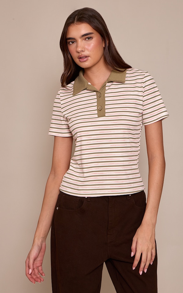 Khaki  Soft Rib Striped Detail  Collared Short Sleeve Top 