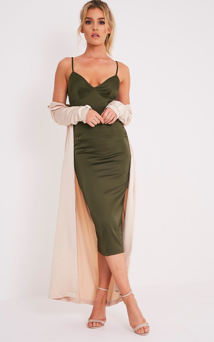 khaki satin midi dress