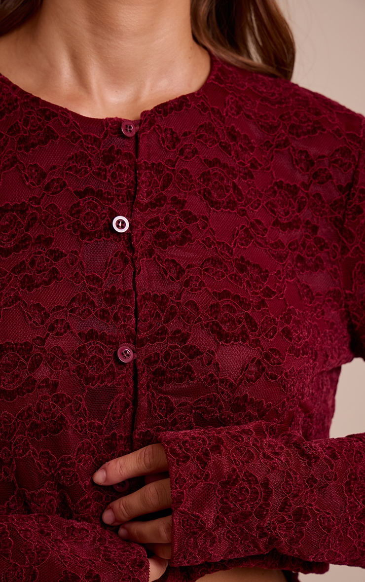 Dark Wine Lace Button Up Long Sleeve Crop Top  image 4