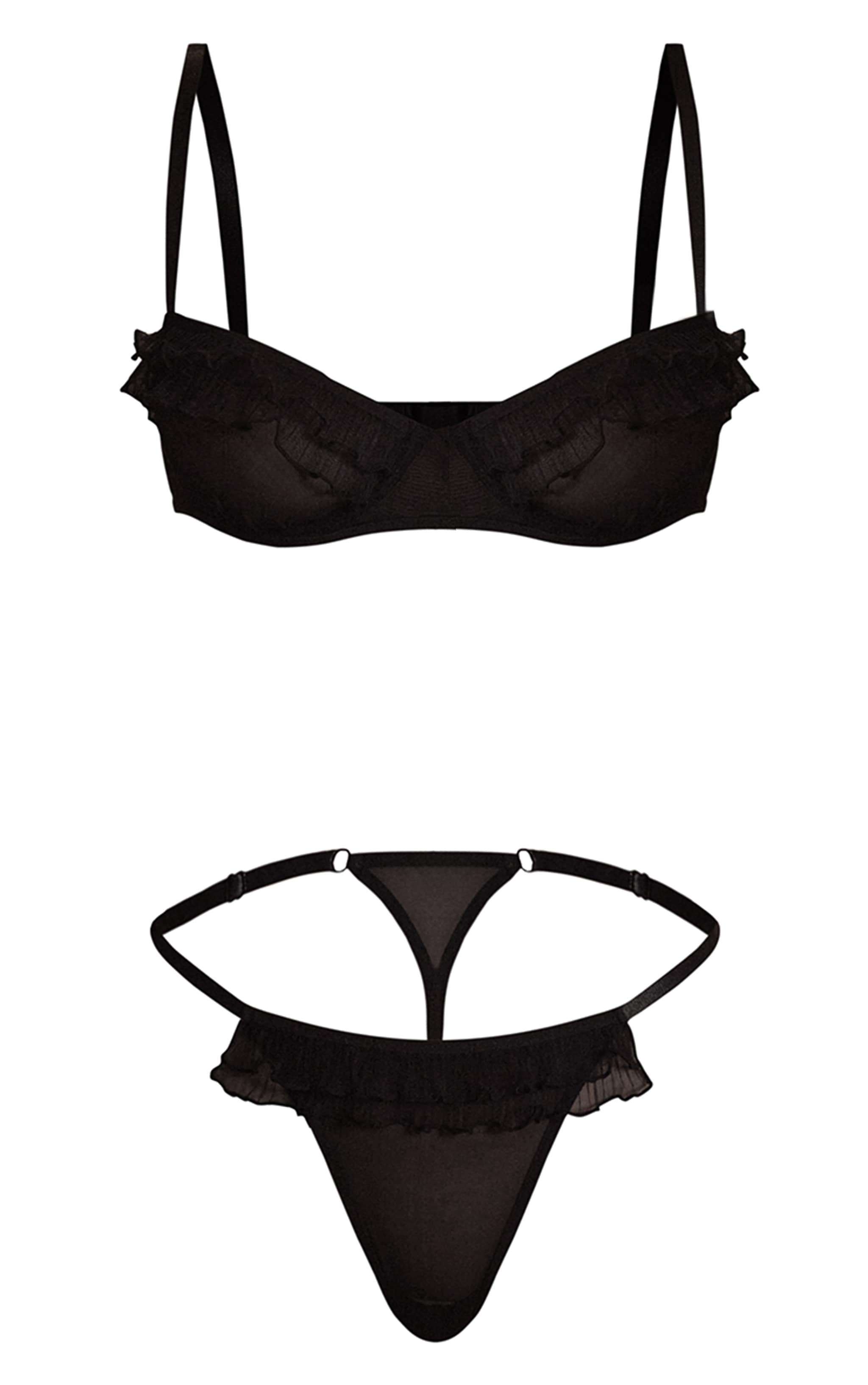 Black Ruffle Detail Bra & Knicker Set  image 5