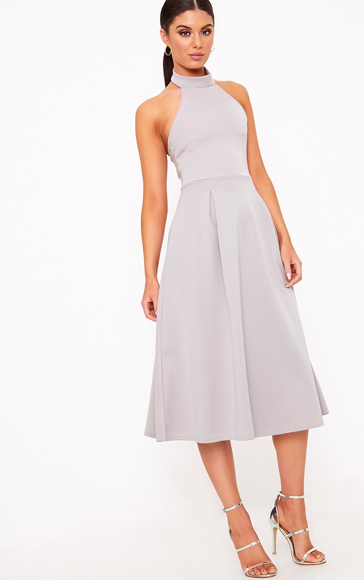 Ice Grey Scuba Halterneck Skater Midi Dress Dresses