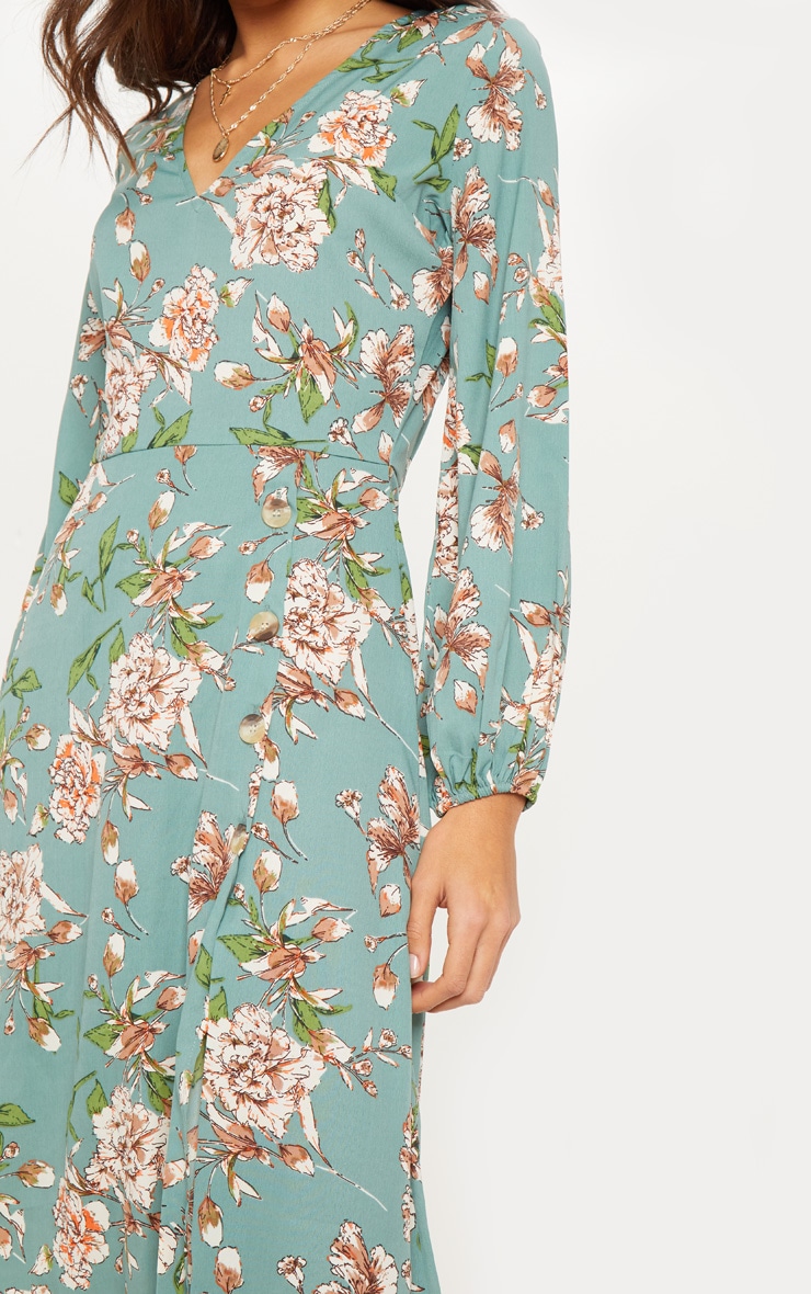 Sage Green Long Sleeve Floral Tea Dress image 5