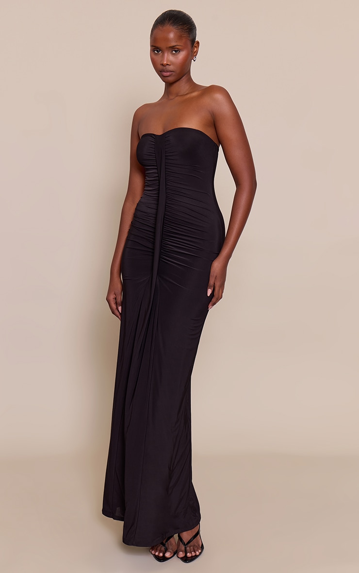 Black Ruched Drape Detail Slinky Maxi Dress image 3