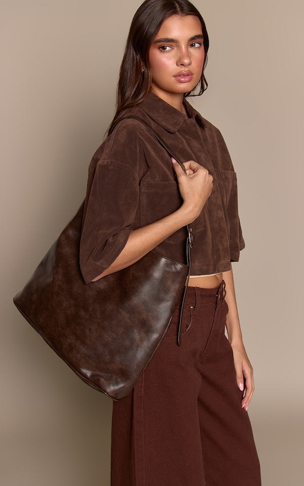 Brown Burnish PU Buckle Strap Tote Bag