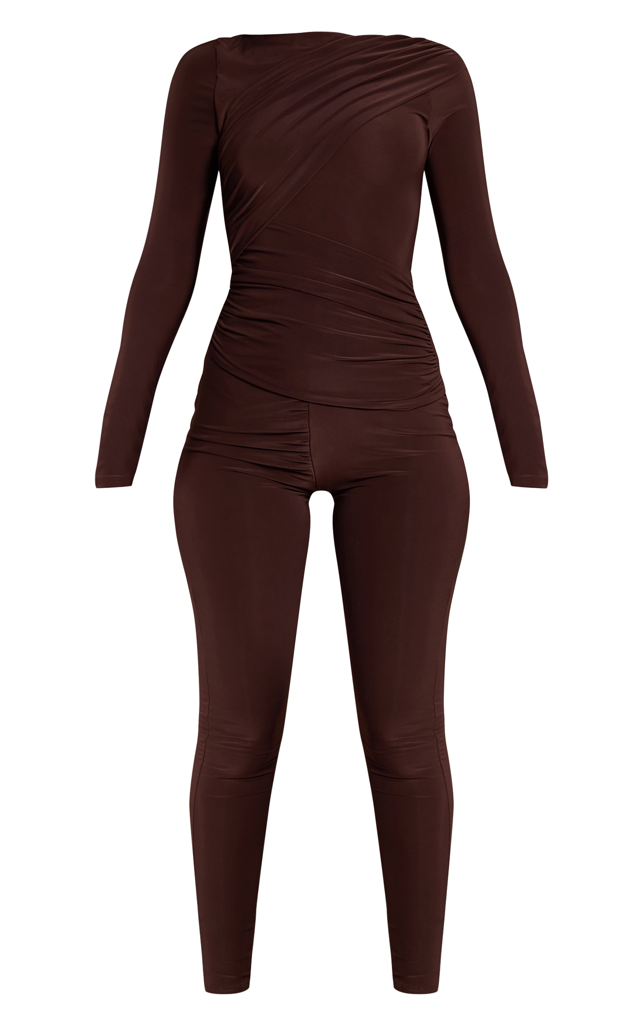 Chocolate Slinky Long Sleeve Ruched Drape Jumpsuit | Dresses | PLT USA