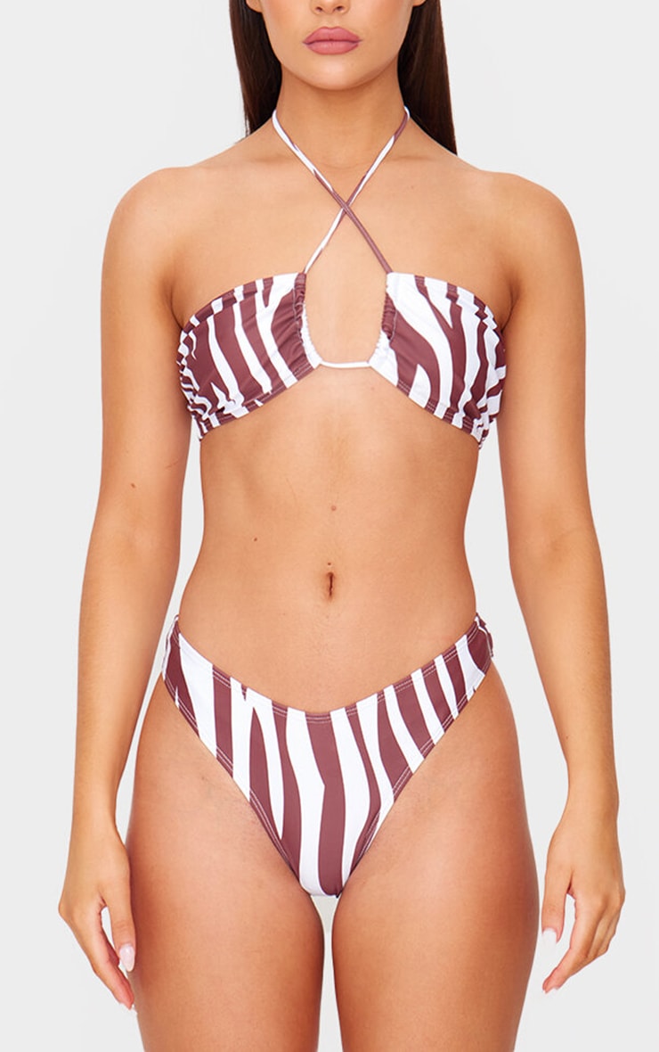 Brown Zebra Print High Leg Cheeky Bikini Bottoms image 1