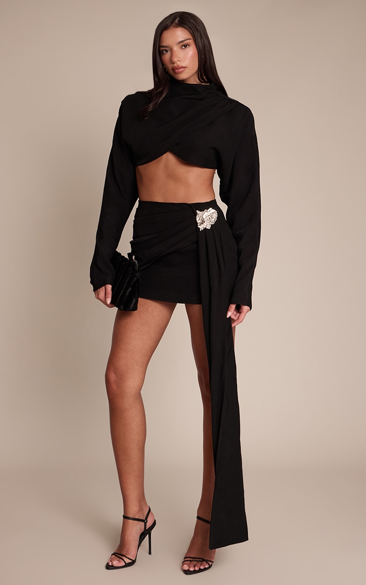 Premium Black Woven Crossover Long Sleeve Crop Top