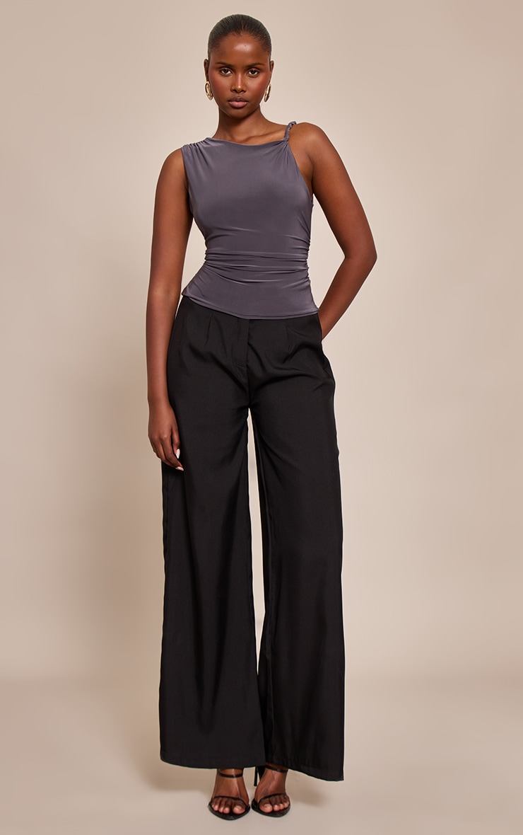 Charcoal Double Layer Twist Shoulder Detail Long Top image 3