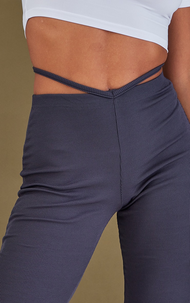 Charcoal Grey Ribbed Tie Detail Flare Leg Pants image 4