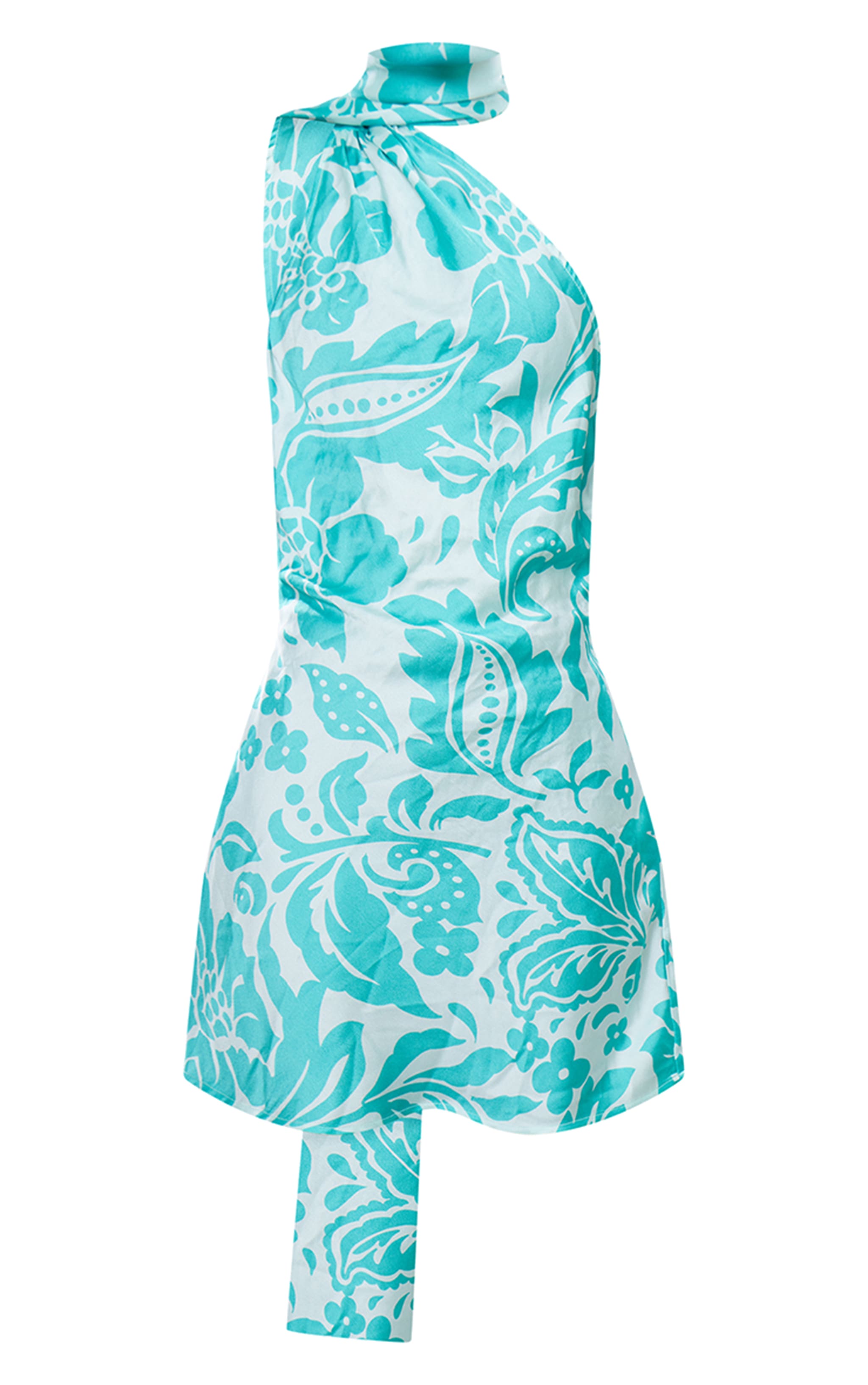 Robe moulante turquoise satinée fleurie à détail foulard image 5