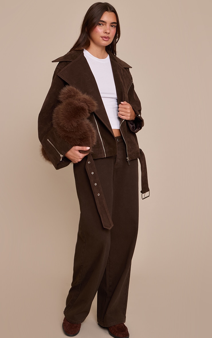 Dark Chocolate Faux Suede Oversized Biker Jacket image 3