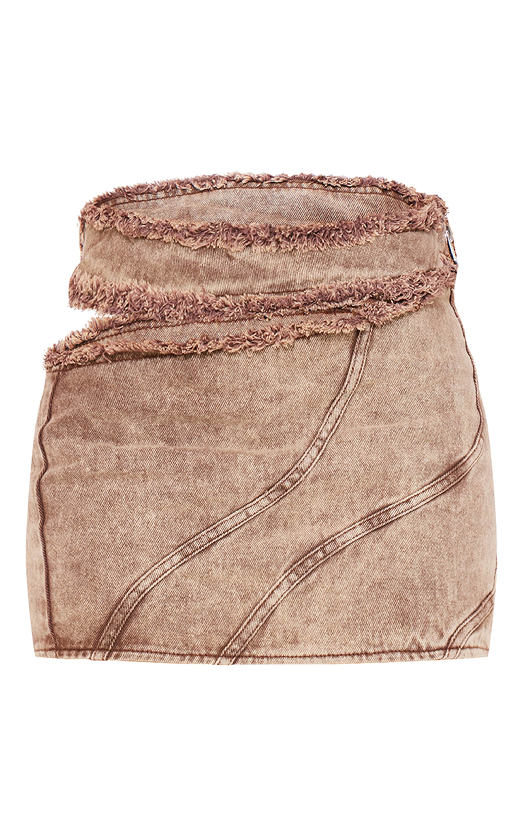 Brown Acid Wash Frayed Edge Cut Out Mini Skirt image 6