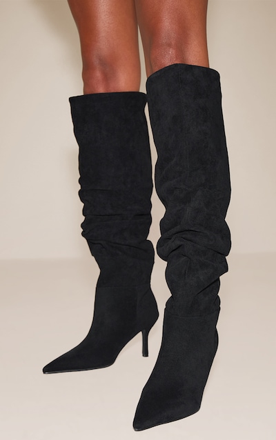 Bottes hautes en suédine noire froncées à talon