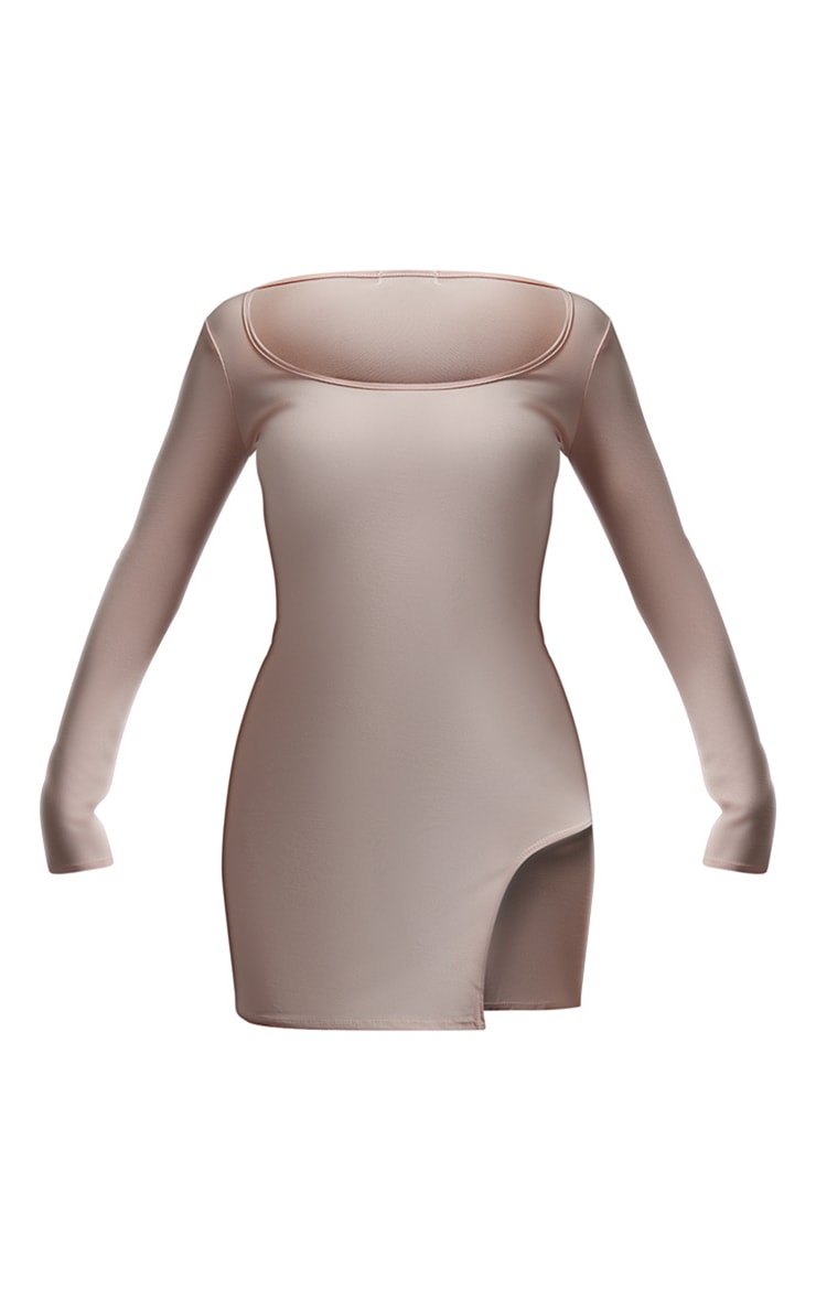 Nude Slinky Round Neck Thigh Split Bodycon Dress image 5