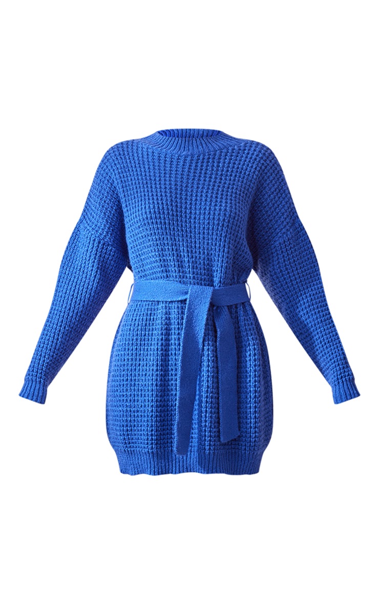Wool Dress Knitted Blue Dress Bright Blue Waffle Knitted Jumper Dress  Knitwear PLT IRE