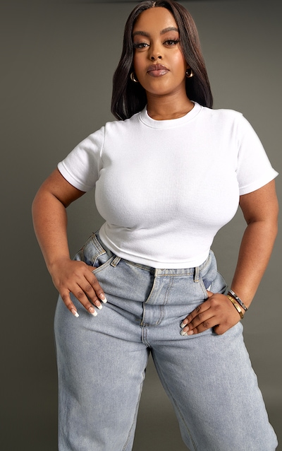 Plus White Basic Rib Short Sleeve Crop Top