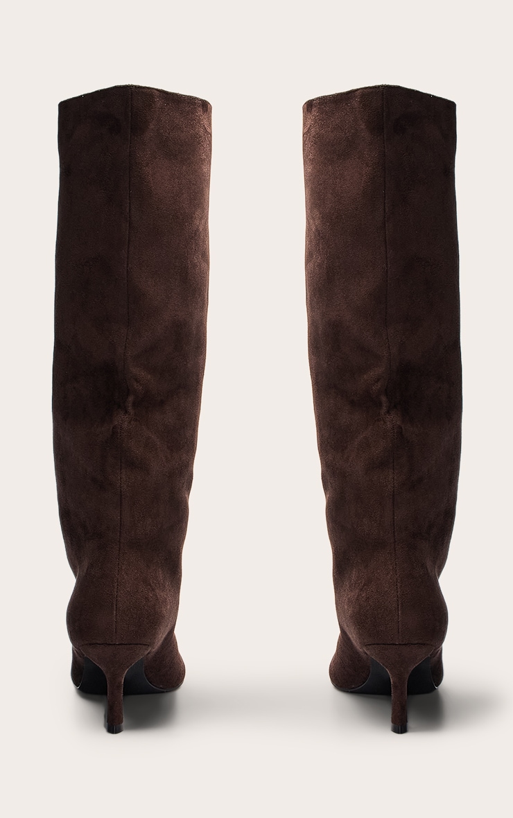 Chocolate Faux Suede Snipped Toe Low Heel Knee Boots image 4