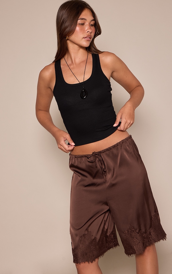 Chocolate Satin Lace Detail Long Shorts 
