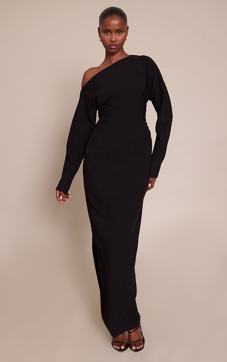 PLT Label Black Asymmetric Batwing Sleeved Cinched Waist Maxi Dress image 1