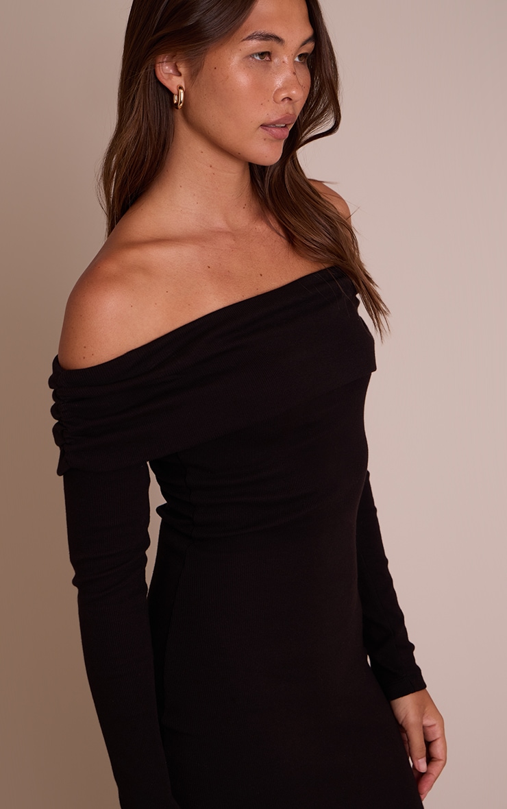 Black Ribbed Fold Over Bardot Long Sleeve Maxi Dress image 4