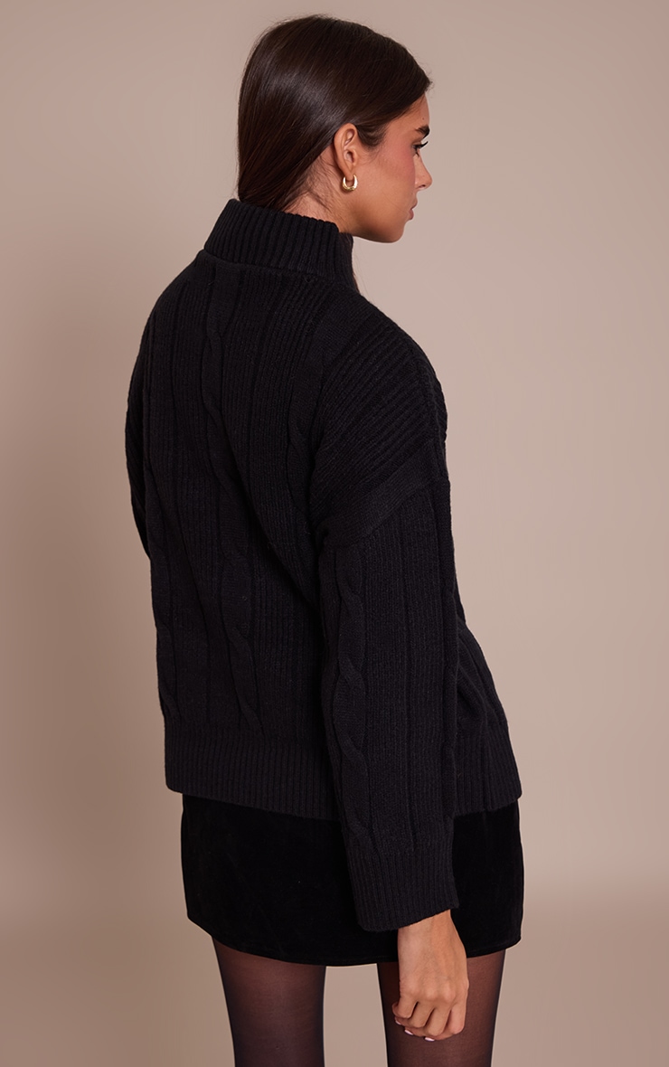 Black Zip Detail Cable Knit Oversized Sweater image 2