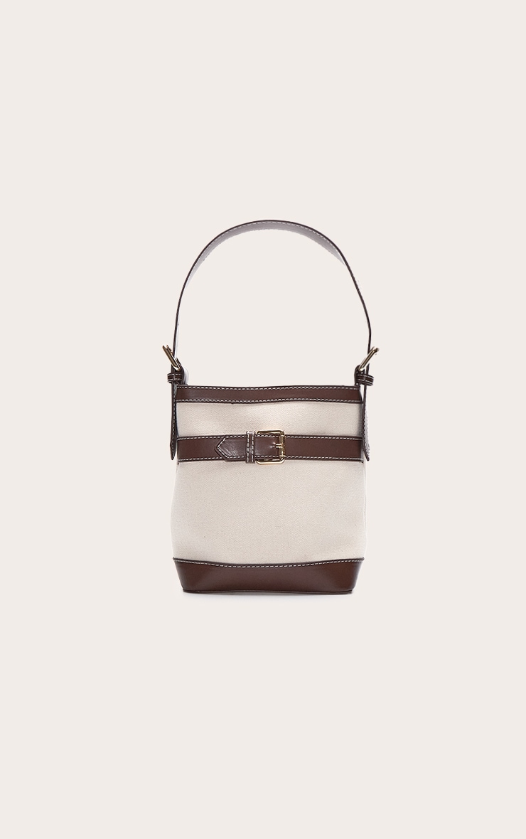 Chocolate PU Contrast Canvas Bucket Bag image 2