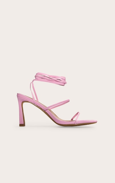 Pink Pu Square Toe Strappy Lace Up Mid Stiletto Heeled Sandals