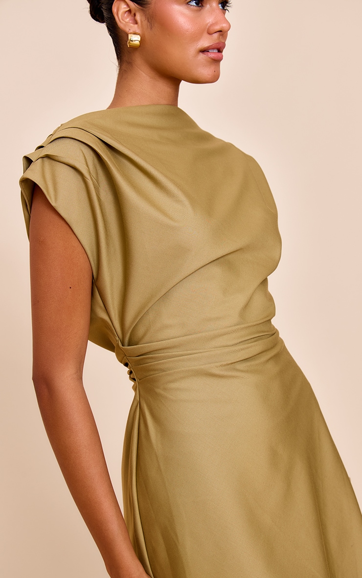 Mini robe de tailleur tissée kaki à épaules carrées et taille cintrée image 4