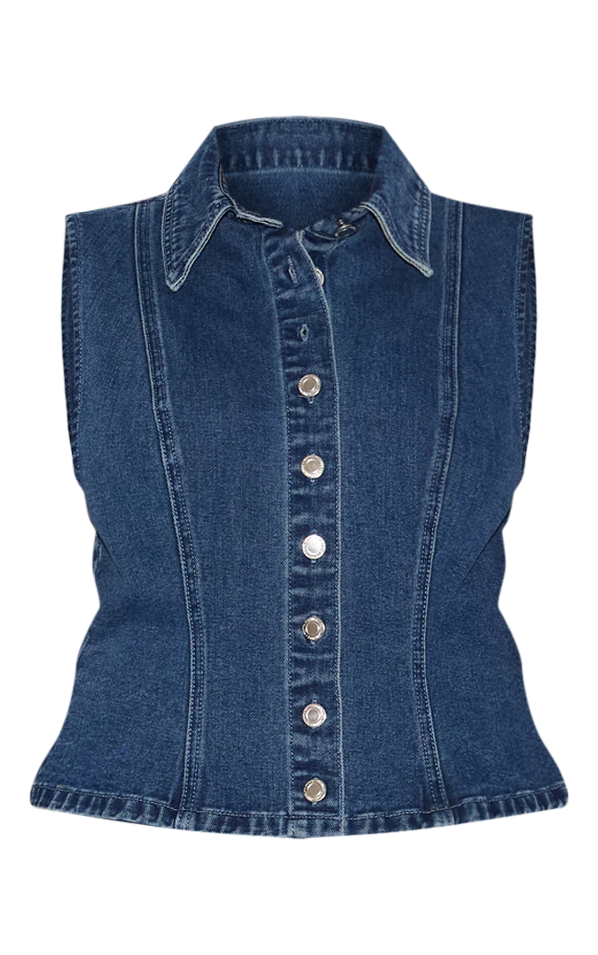 Plus Dark Blue Denim Collar Waistcoat image 5