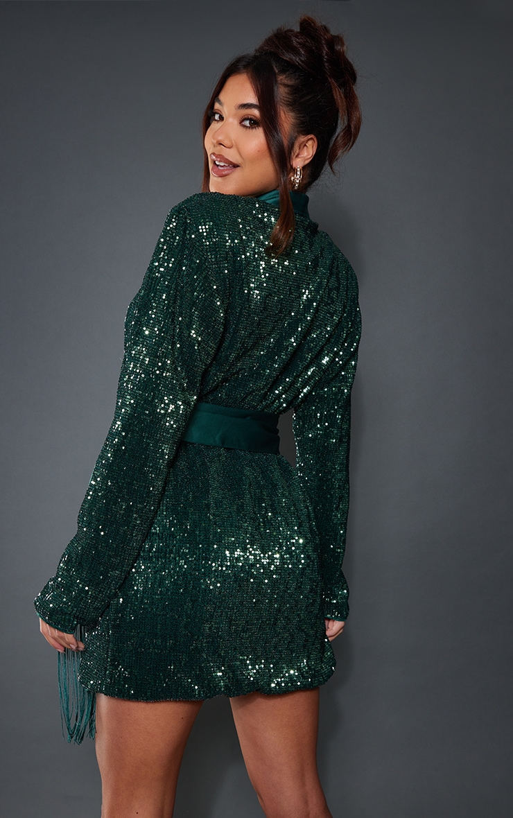 Emerald Green Sequin Tassel Tie Detail Blazer Dress image 2