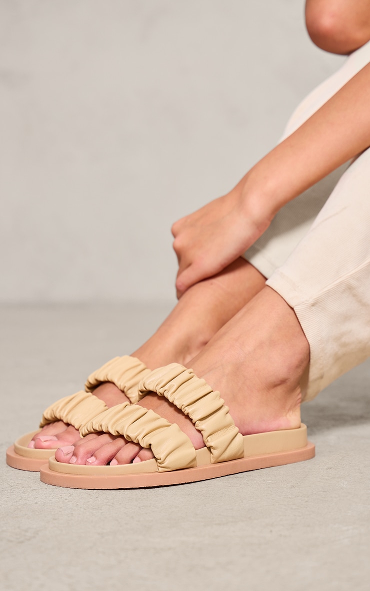 Cream Real Leather Round Toe Ruched Detail Strap Footbed Sandals image 2