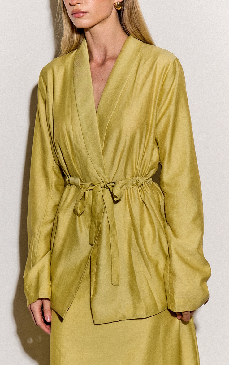 Pale Chartreuse Sheer Organza Tie Cinched Blazer image 4