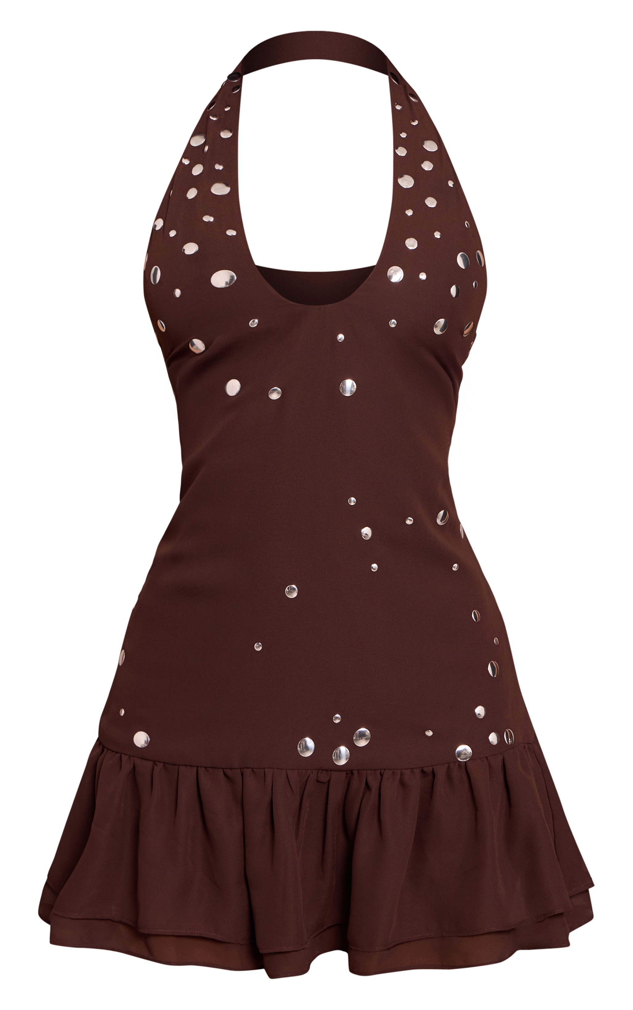 Petite Brown Ruffle Stud Detail Halterneck Dress image 5