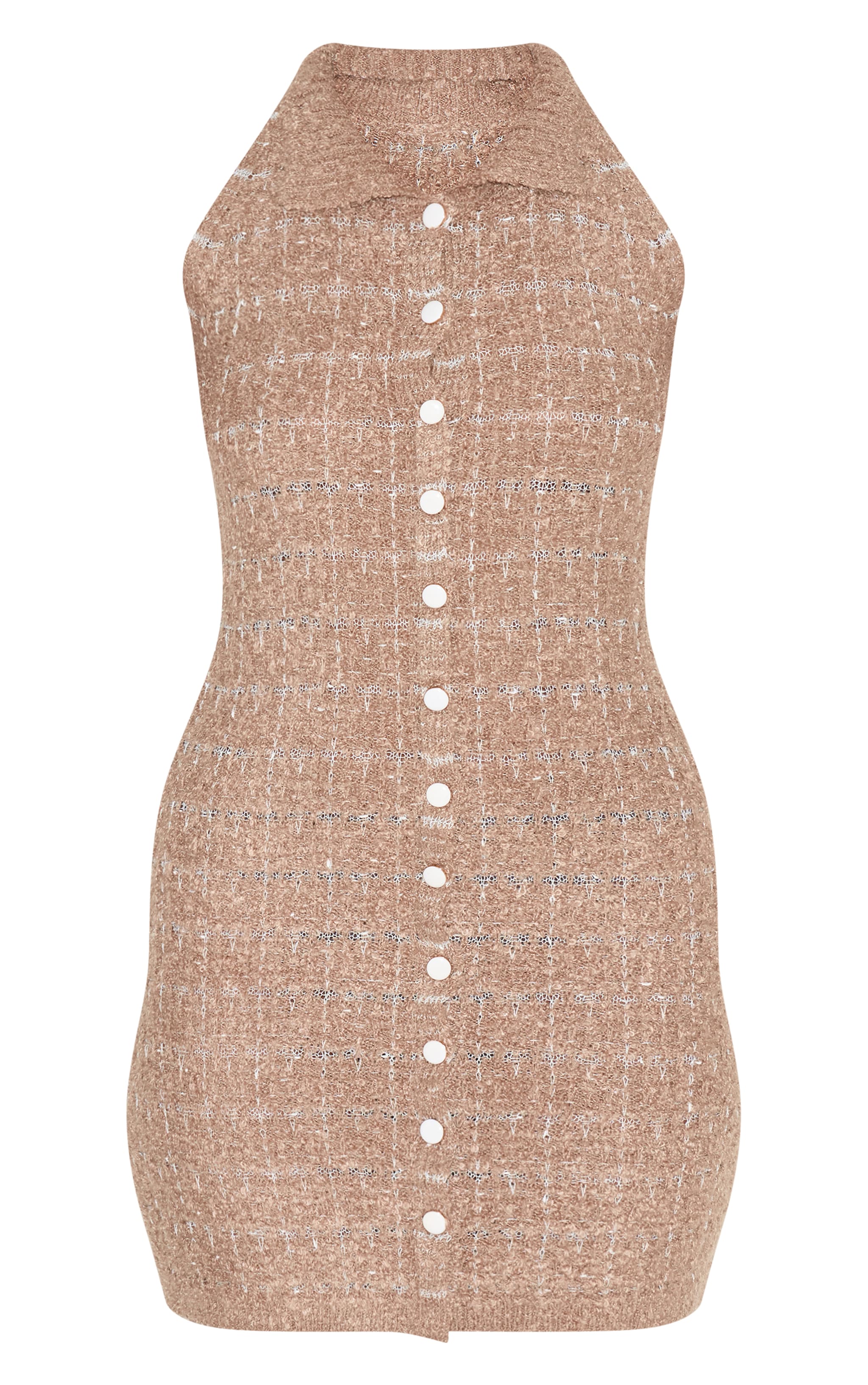 Mini robe en maille tricot bouclée taupe à col replié et boutons image 5