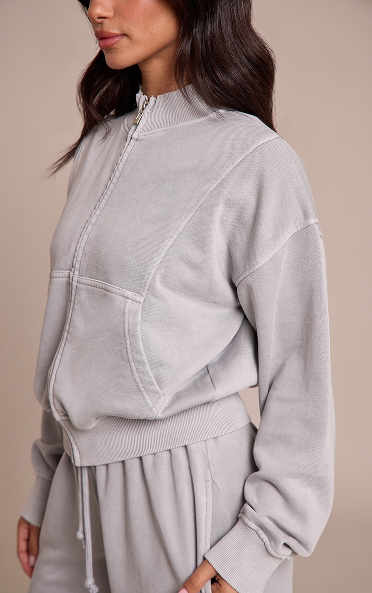 Petite Ash Grey Acid Wash Funnel Neck Zip Sweatshirt image 4