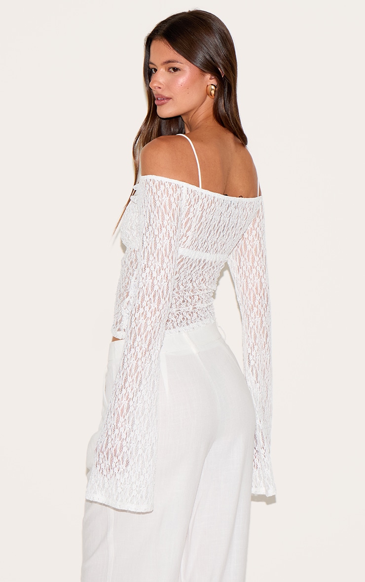 White Textured Sheer Lace Bardot Flared Sleeve Long Top image 2