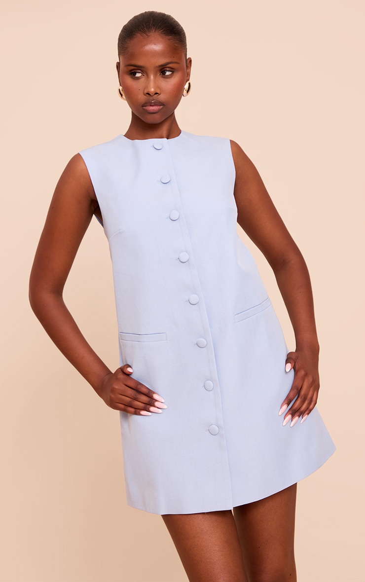 Light Blue Tailored Woven Button Down A Line Mini Dress image 1