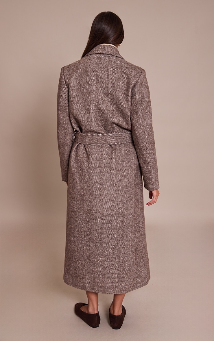 Brown Herringbone Tie Waist Maxi Coat image 2