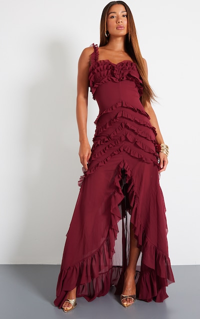Wine Tiered Frill Detail Maxi Dress