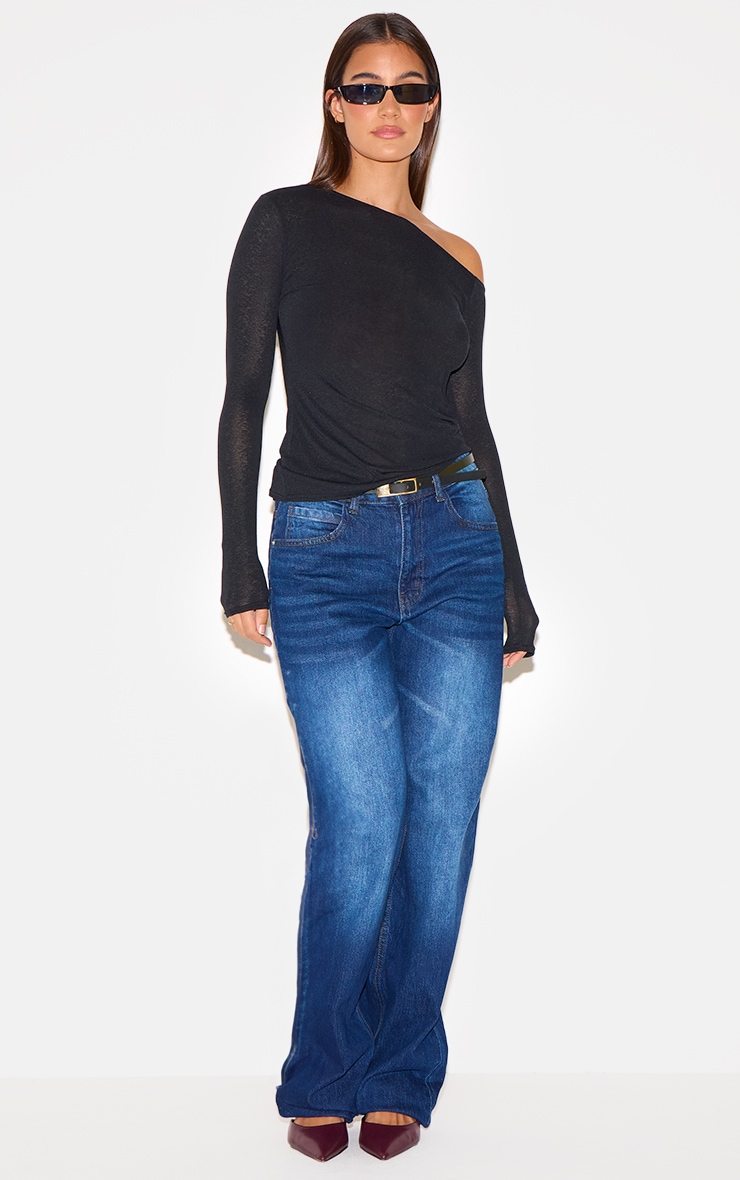 Black Burnout Mesh Asymmetric Shoulder Long Sleeve Top image 3