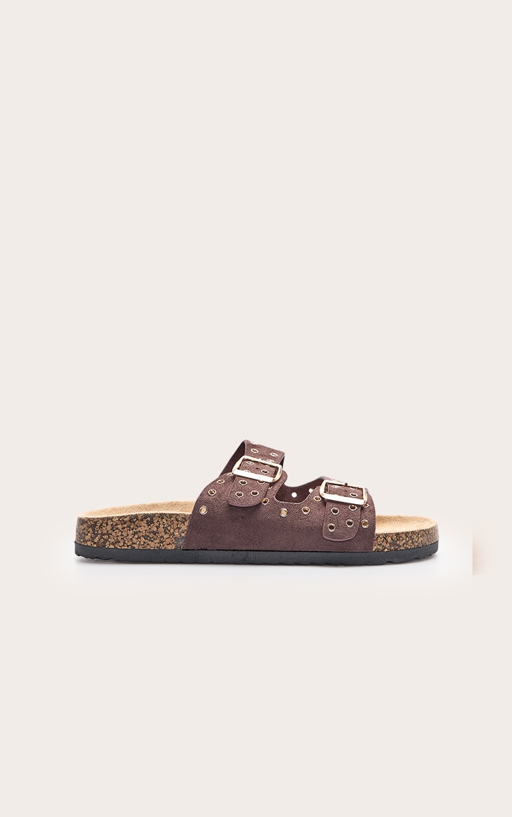 SALT AND CHOCOLATE ■ Double Buckle Eyelet Mule Brown Double Buckle Eyelet Footbed Sandals | Footwear