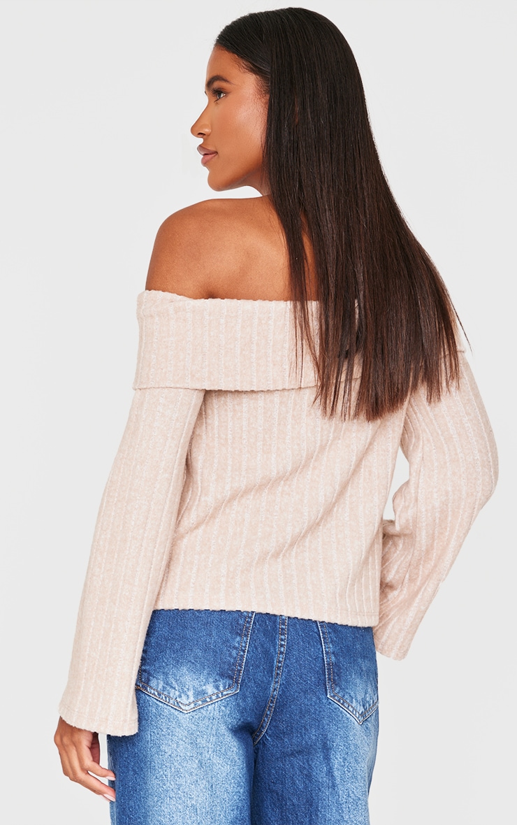 Cream Brushed Rib Fold Over Bardot Long Top image 2