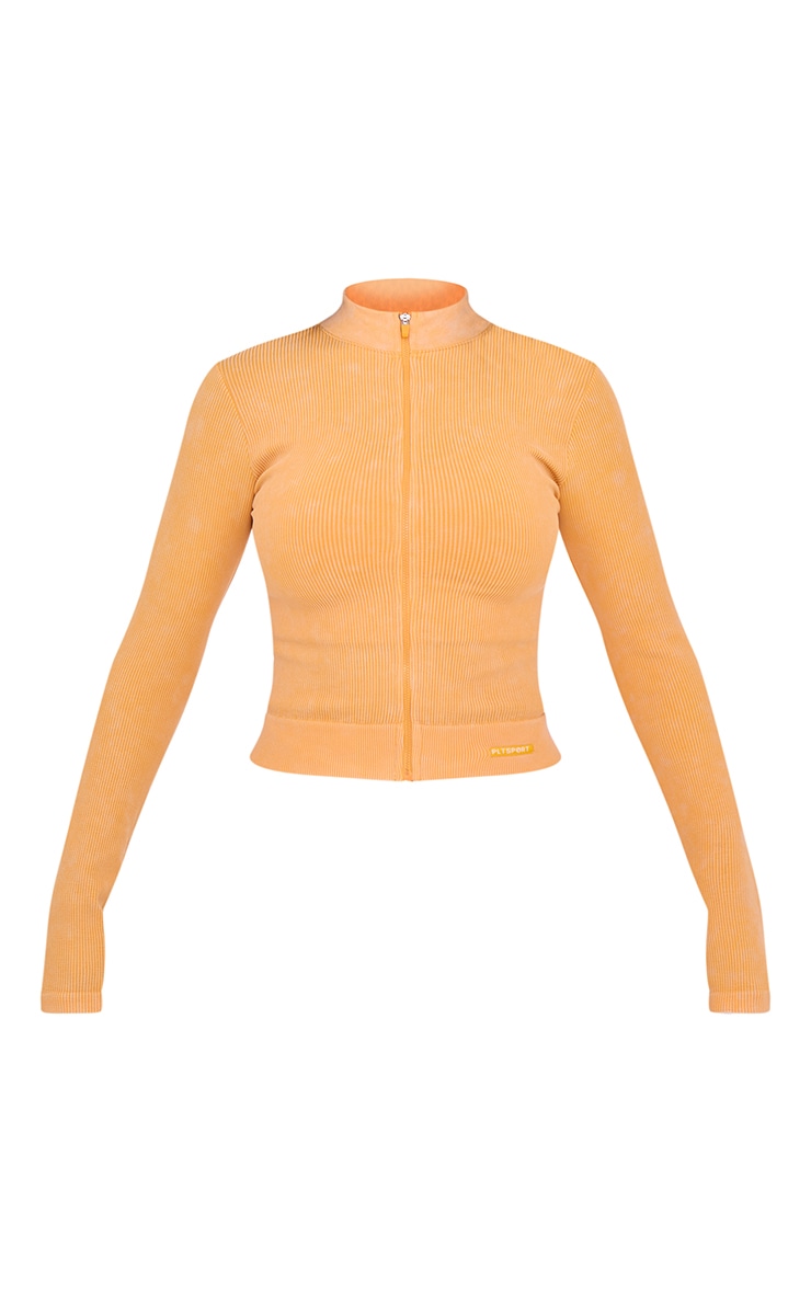 PLT SPORT Mustard Acid Wash Seamless Rib Zip Up Cropped Sports Jacket image 5