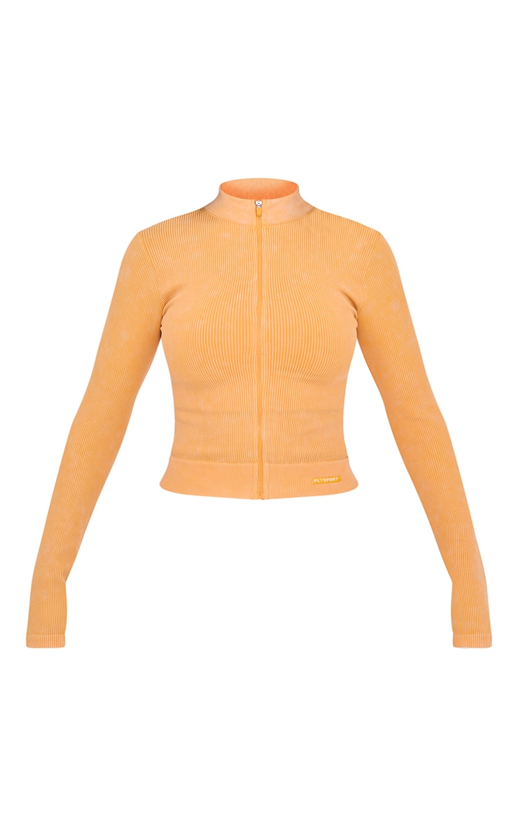 PLT SPORT Mustard Acid Wash Seamless Rib Zip Up Cropped Sports Jacket image 5