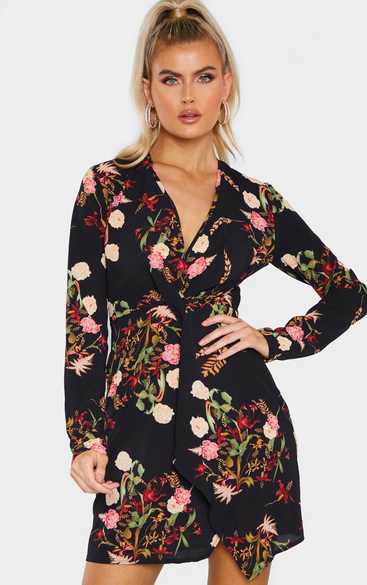 Tall Black Print Satin Long Sleeve Wrap Dress image 1