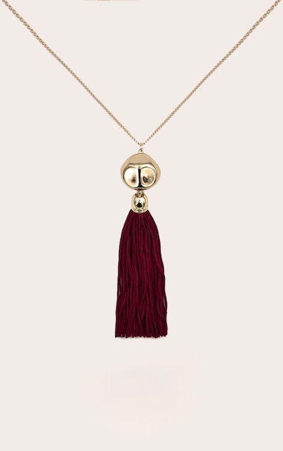 Gold Long Burgundy Tassel Necklace