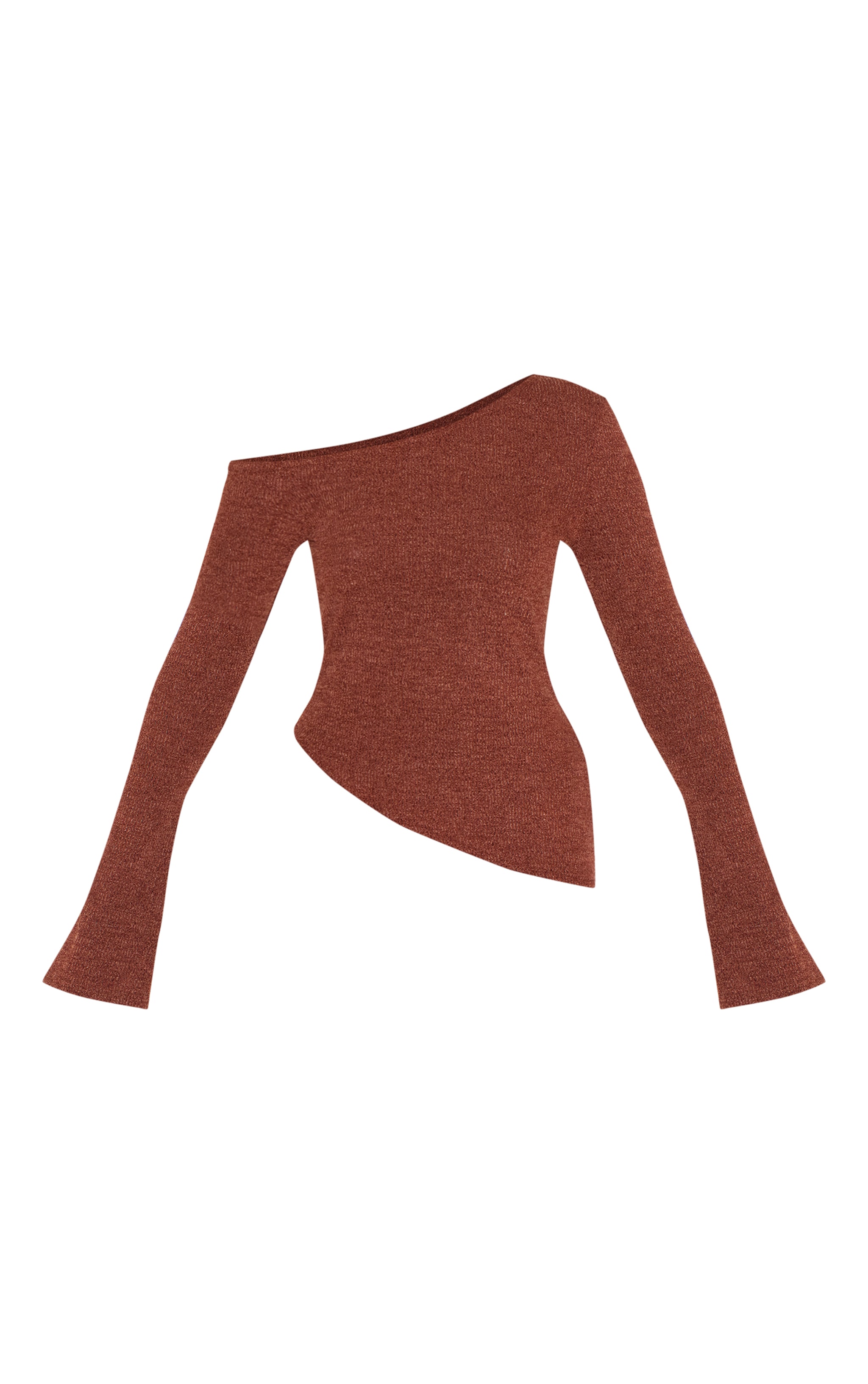 Brown Textured Asymmetric Flared Sleeve Long Top image 5