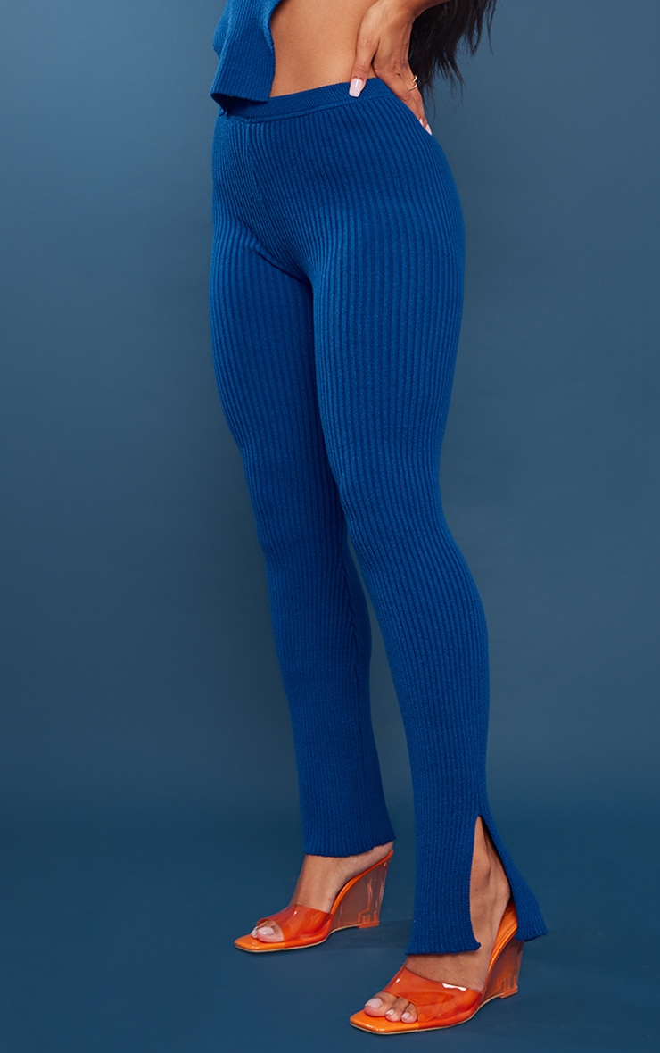  Bright Blue Ribbed Knit Wide Leg Pants image 1