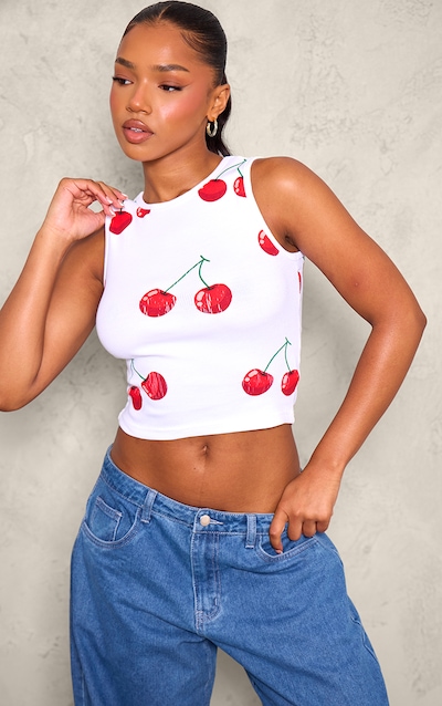 White Rib Cherry Printed Longline Racer