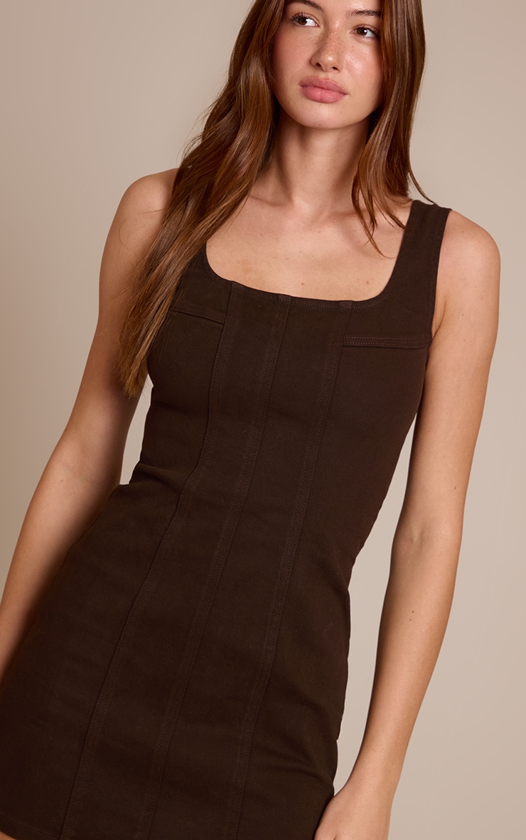 Chocolate Contrast Stitch Seam Detail Mini Dress image 4